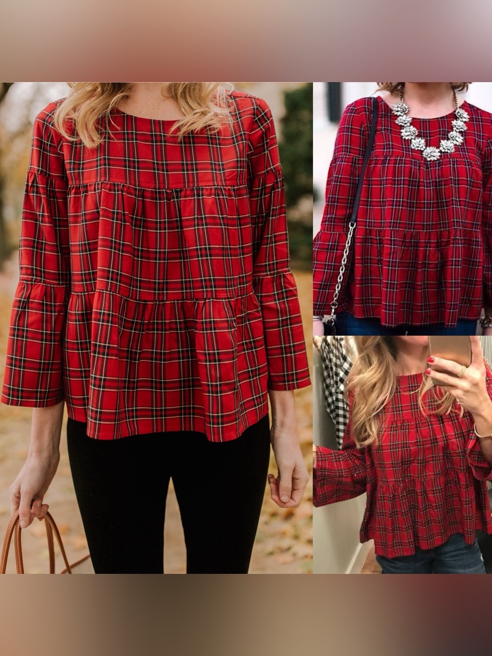 Madewell Red Tartan Plaid Tiered Button Down Back Crop Top Ruffle Bell Size XS